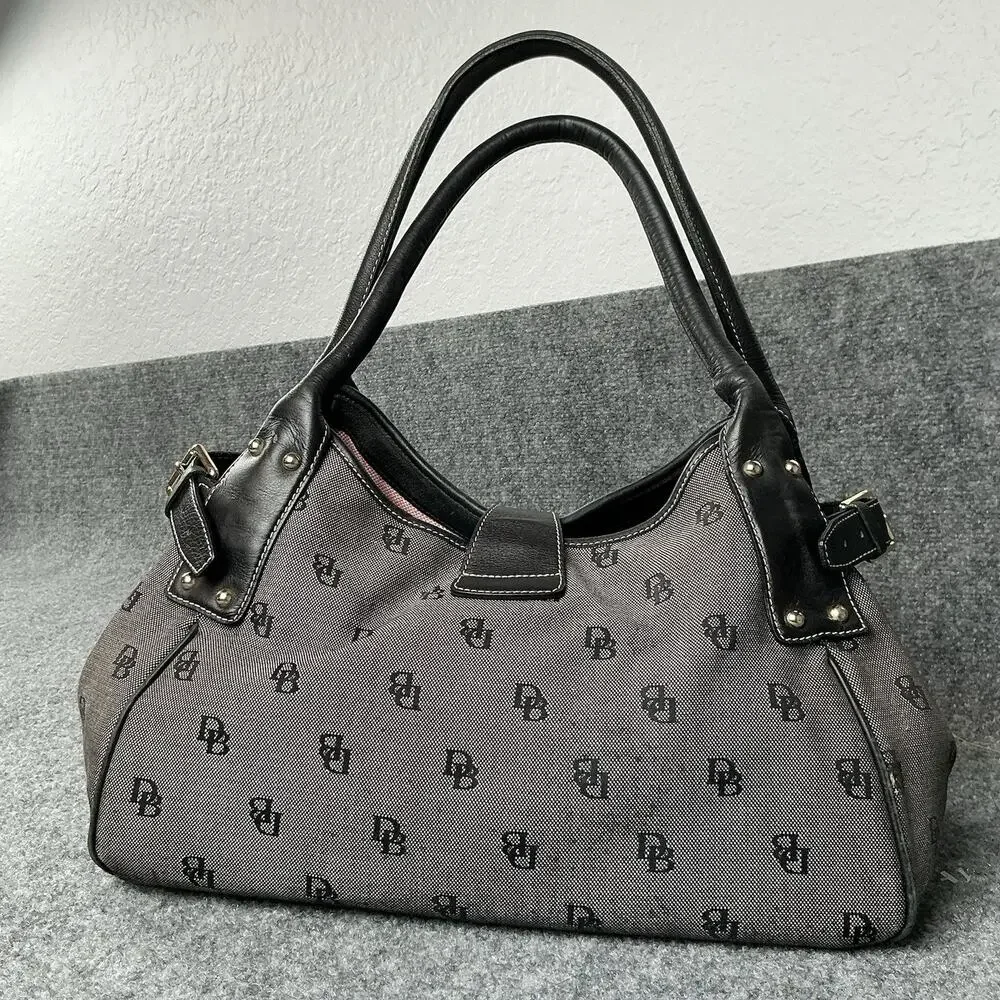 Vintage Dooney & Bourke Gray/Black Tulip Satchel Logo Purse With Clip